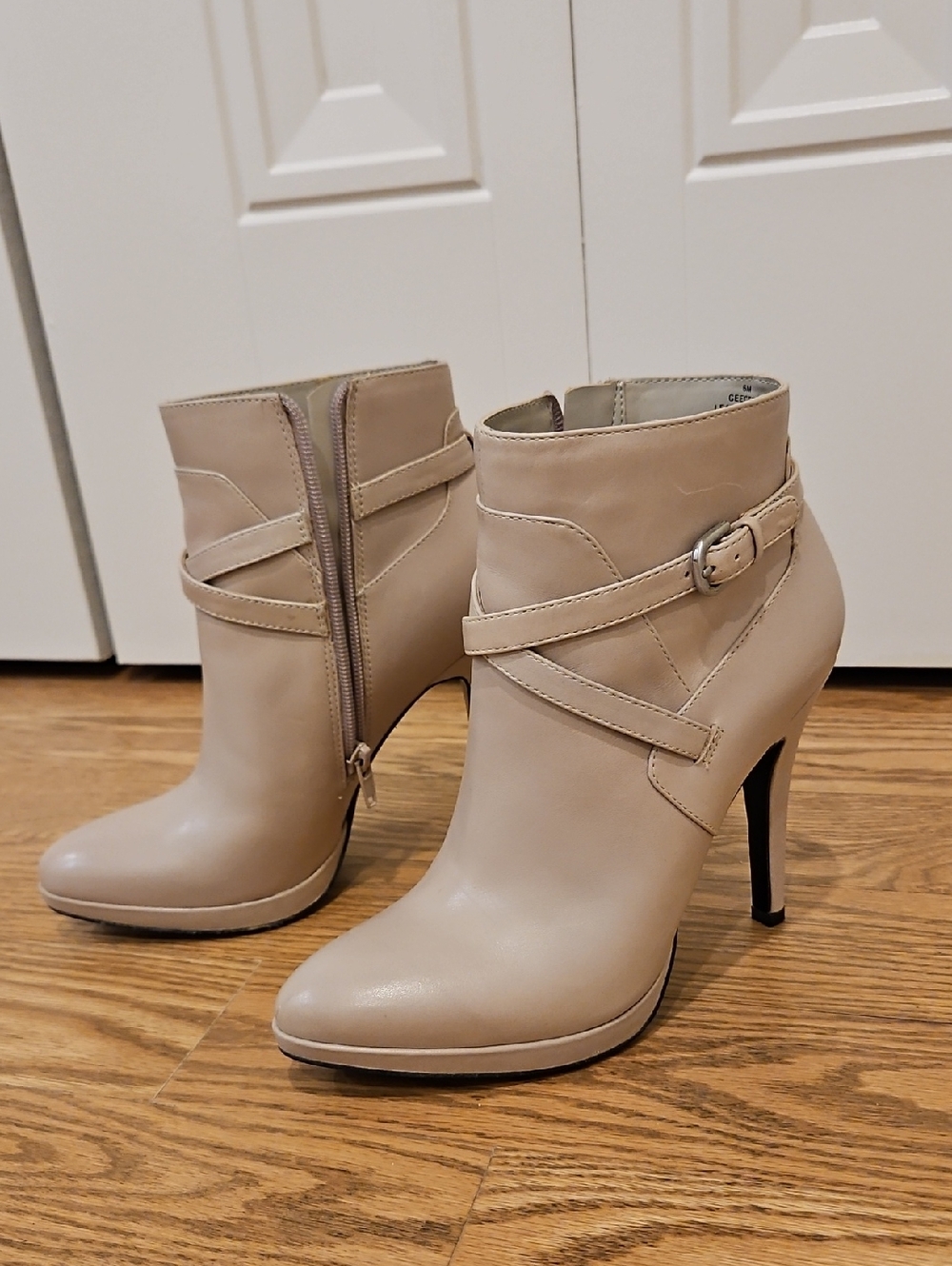 Nine West Beige Leather High Heel Ankle Booties with Buckle Strap